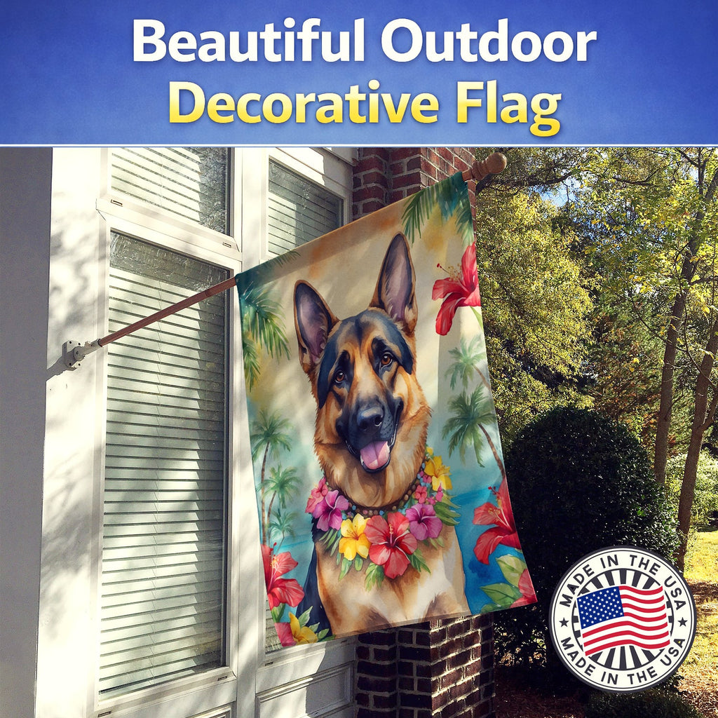 German Shepherd Luau House Flag 28x40 Porch Sleeve Pole Decorative Outside Yard Banner Artwork Wall Hanging, Polyester