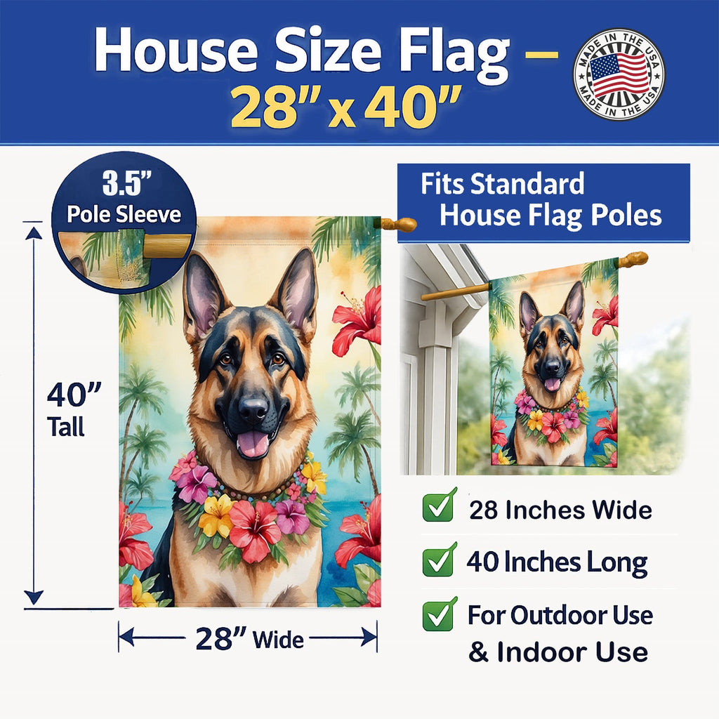 German Shepherd Luau House Flag 28x40 Porch Sleeve Pole Decorative Outside Yard Banner Artwork Wall Hanging, Polyester
