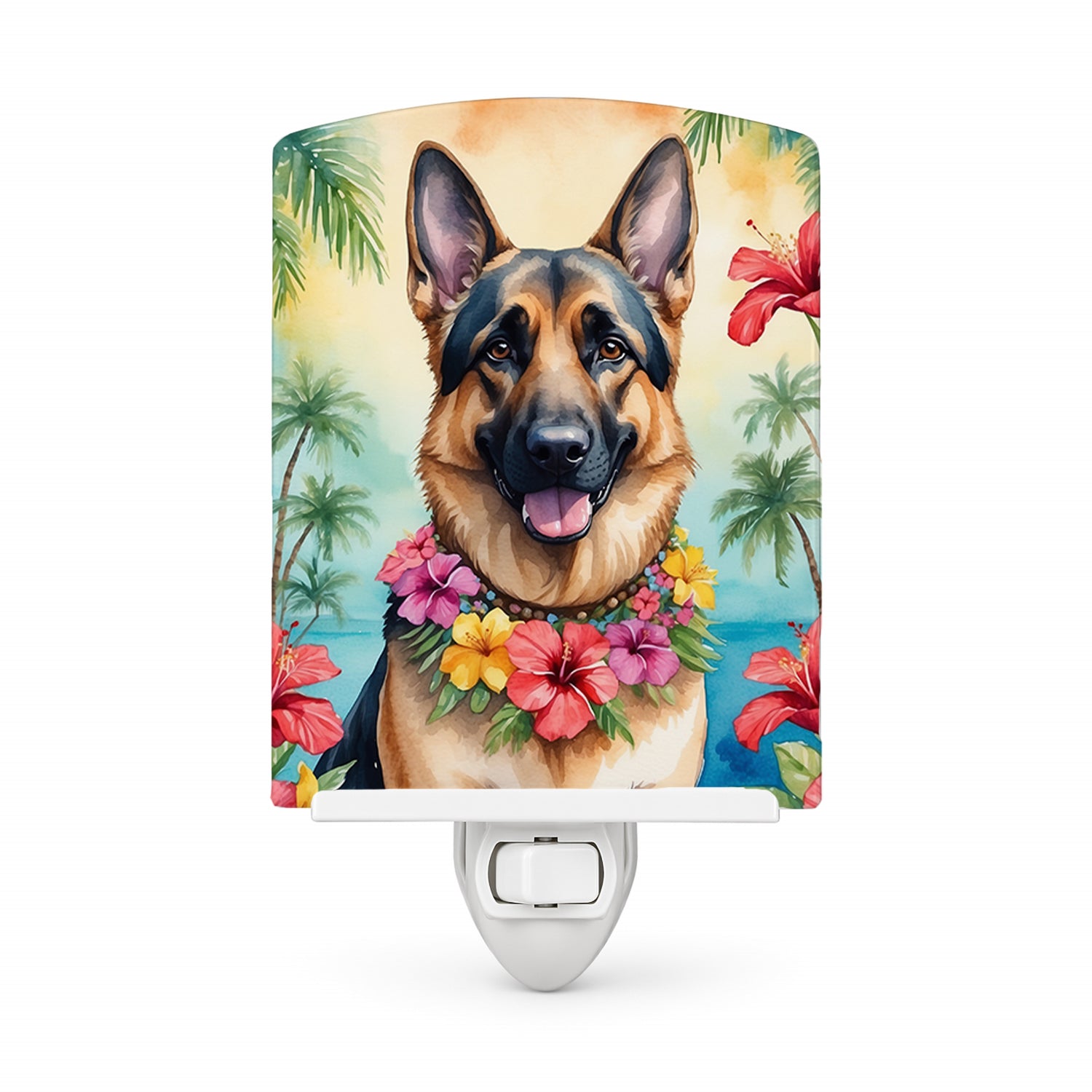 German Shepherd Luau Ceramic Night Light Compact, UL-Certified, Ideal for Bedroom, Bathroom, Nursery, Hallway, Kitchen, 6x4x3, Multicolor