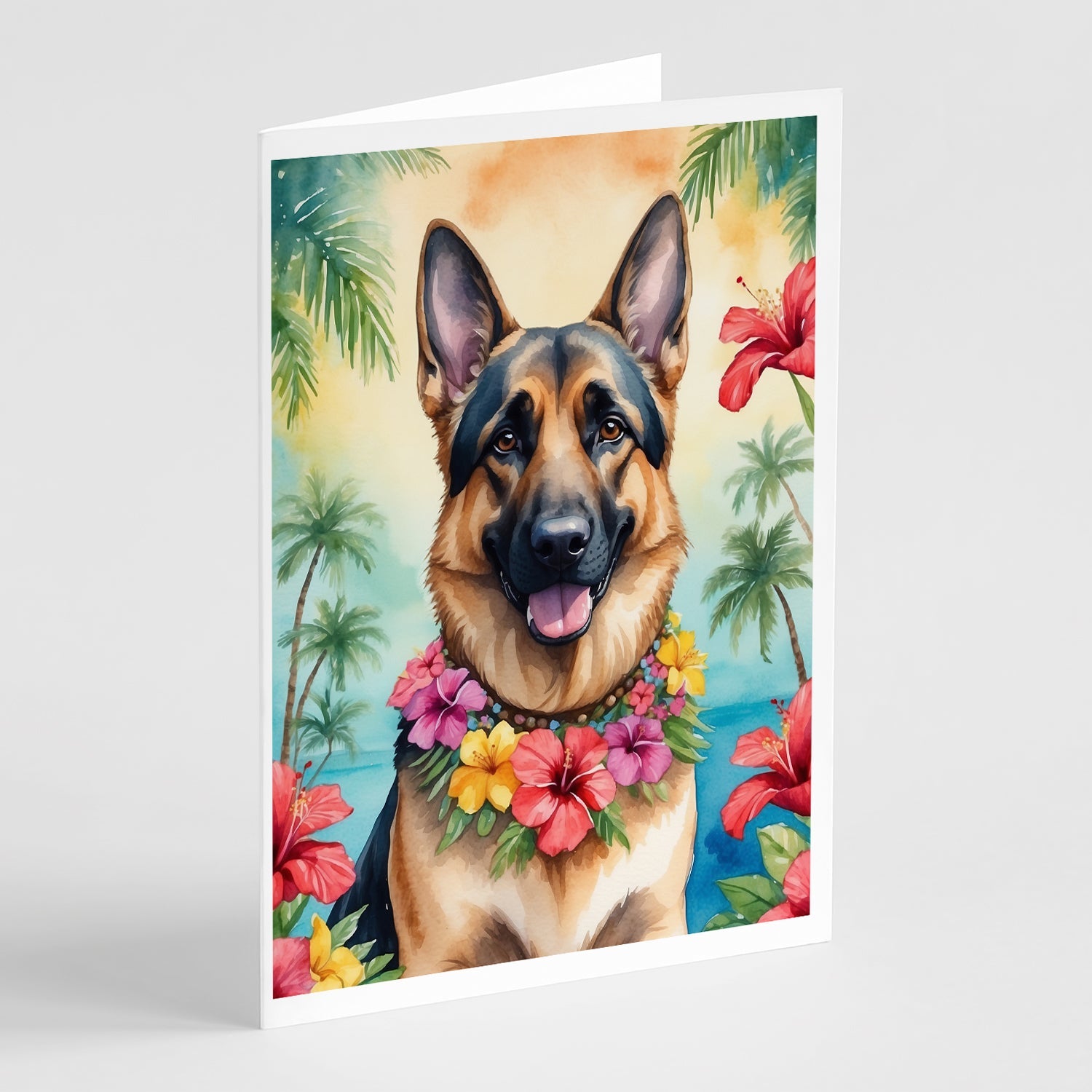 German Shepherd Luau Greeting Cards Pack of 8 Blank Cards with Envelopes Whimsical A7 Size 5x7