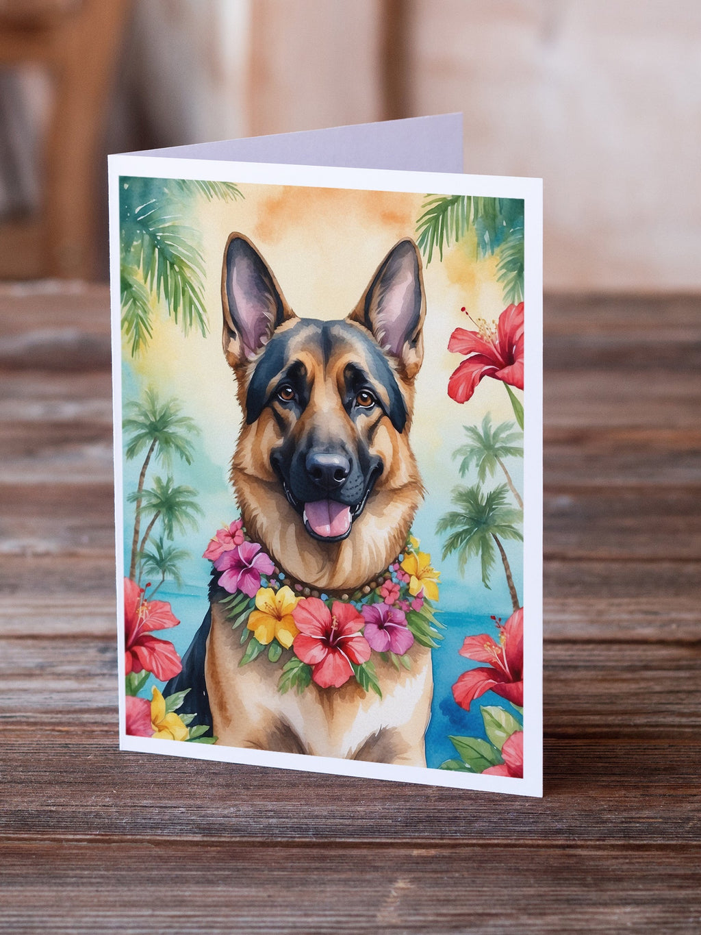 German Shepherd Luau Greeting Cards Pack of 8 Blank Cards with Envelopes Whimsical A7 Size 5x7