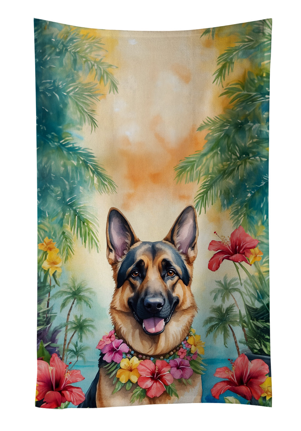 German Shepherd Luau Kitchen Towel Velour Plush Front and Cotton Loop Back Machine Washable
