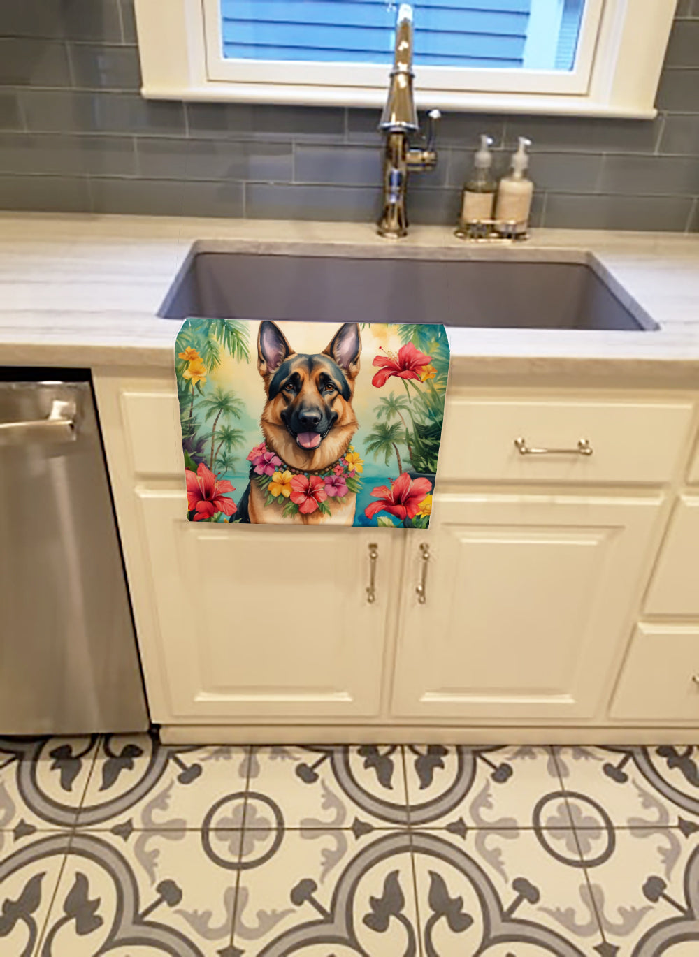 German Shepherd Luau Kitchen Towel Velour Plush Front and Cotton Loop Back Machine Washable