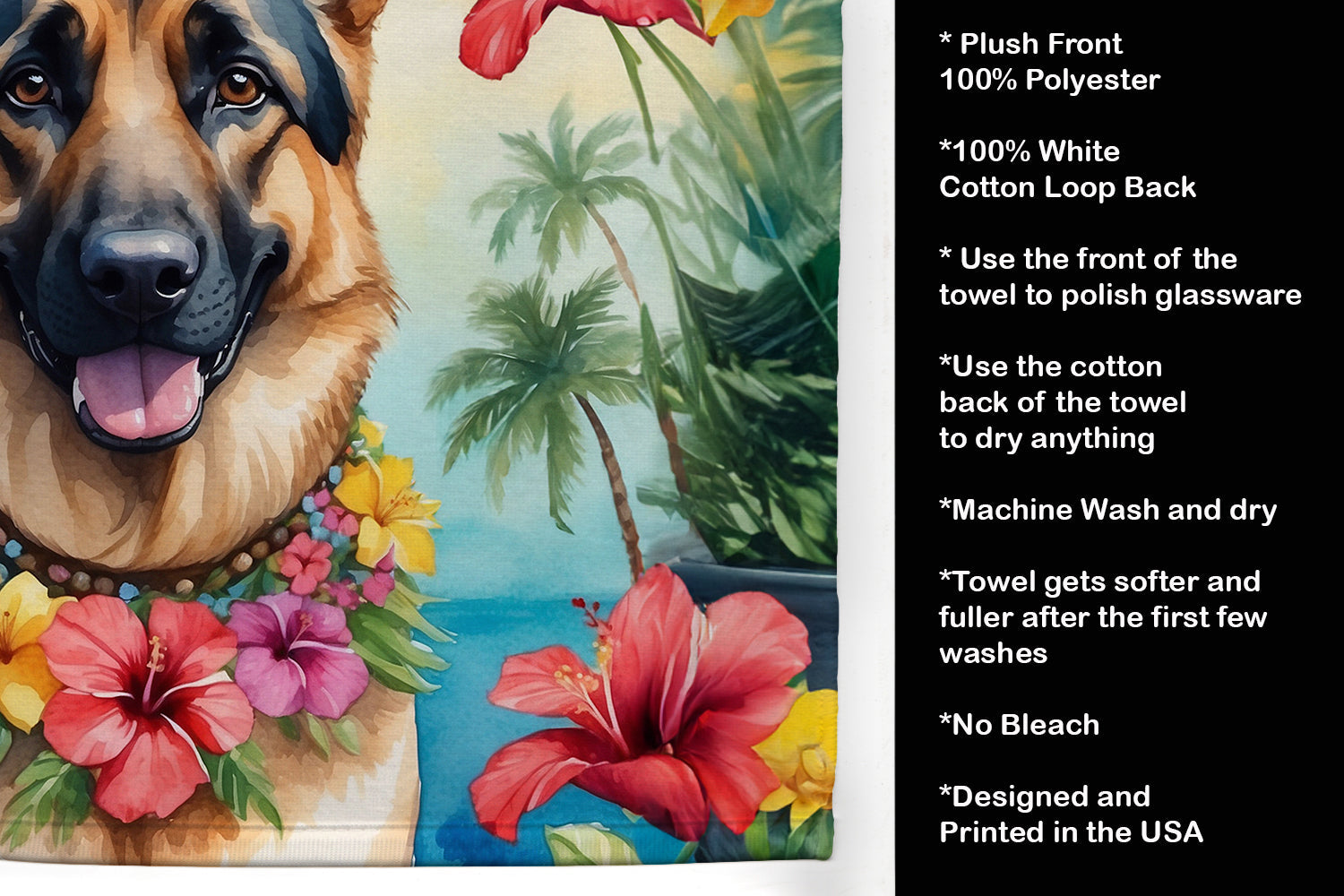 German Shepherd Luau Kitchen Towel Velour Plush Front and Cotton Loop Back Machine Washable