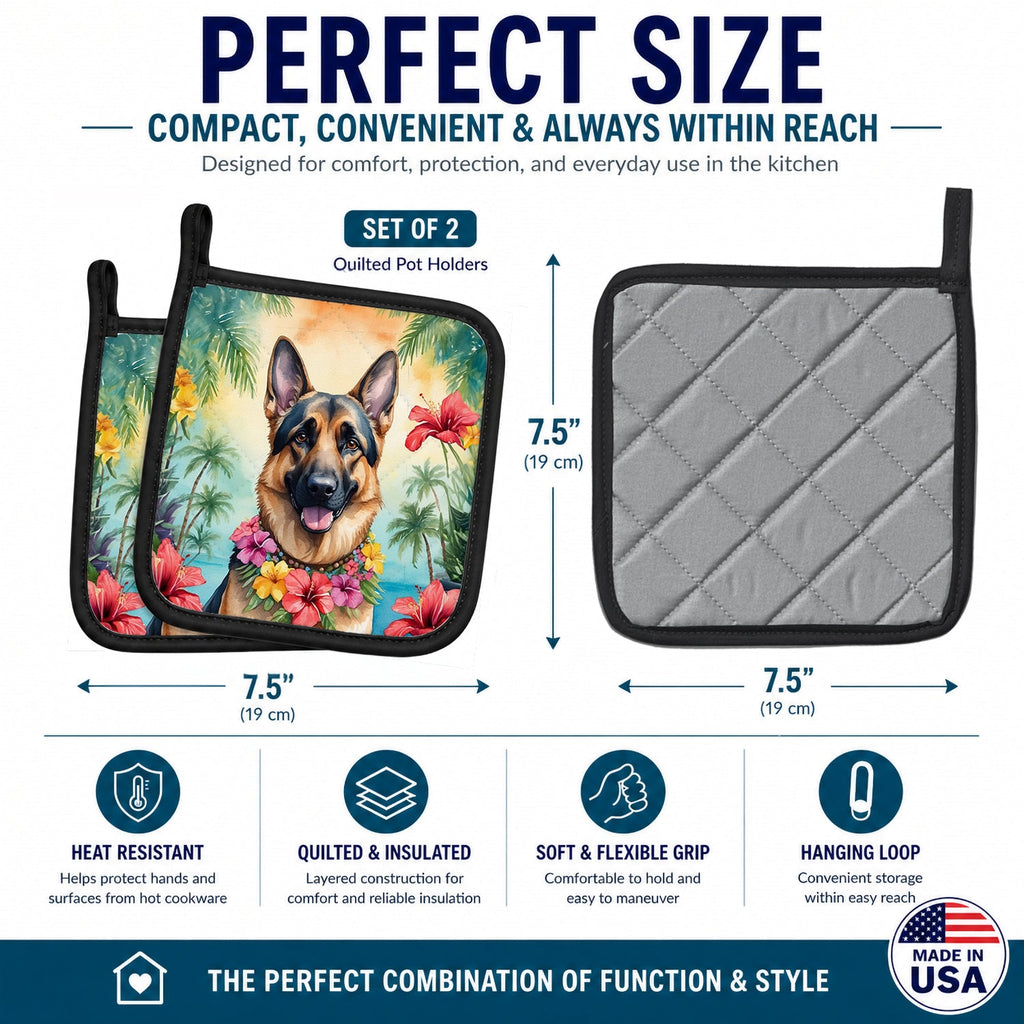 German Shepherd Luau Pot Holder Set of 2 Heat Resistant Quilted Hot Pads 7.5 x 7.5 Inch, Insulated Kitchen Trivets for Cooking & Baking