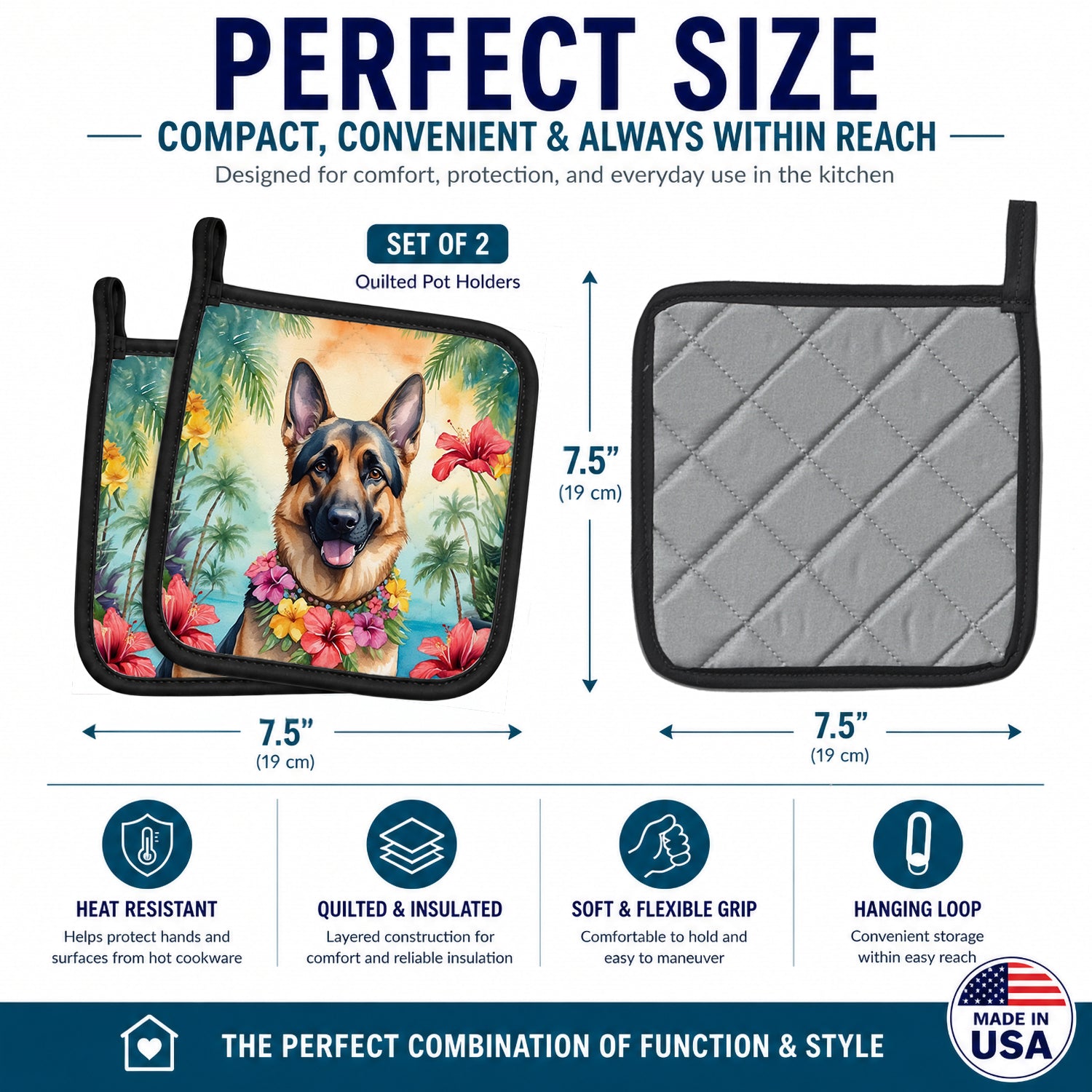 German Shepherd Luau Pot Holder Set of 2 Heat Resistant Quilted Hot Pads 7.5 x 7.5 Inch, Insulated Kitchen Trivets for Cooking & Baking