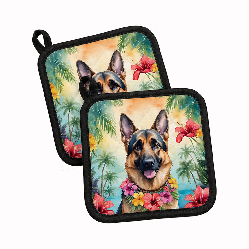 German Shepherd Luau Pot Holder Set of 2 Heat Resistant Quilted Hot Pads 7.5 x 7.5 Inch, Insulated Kitchen Trivets for Cooking & Baking