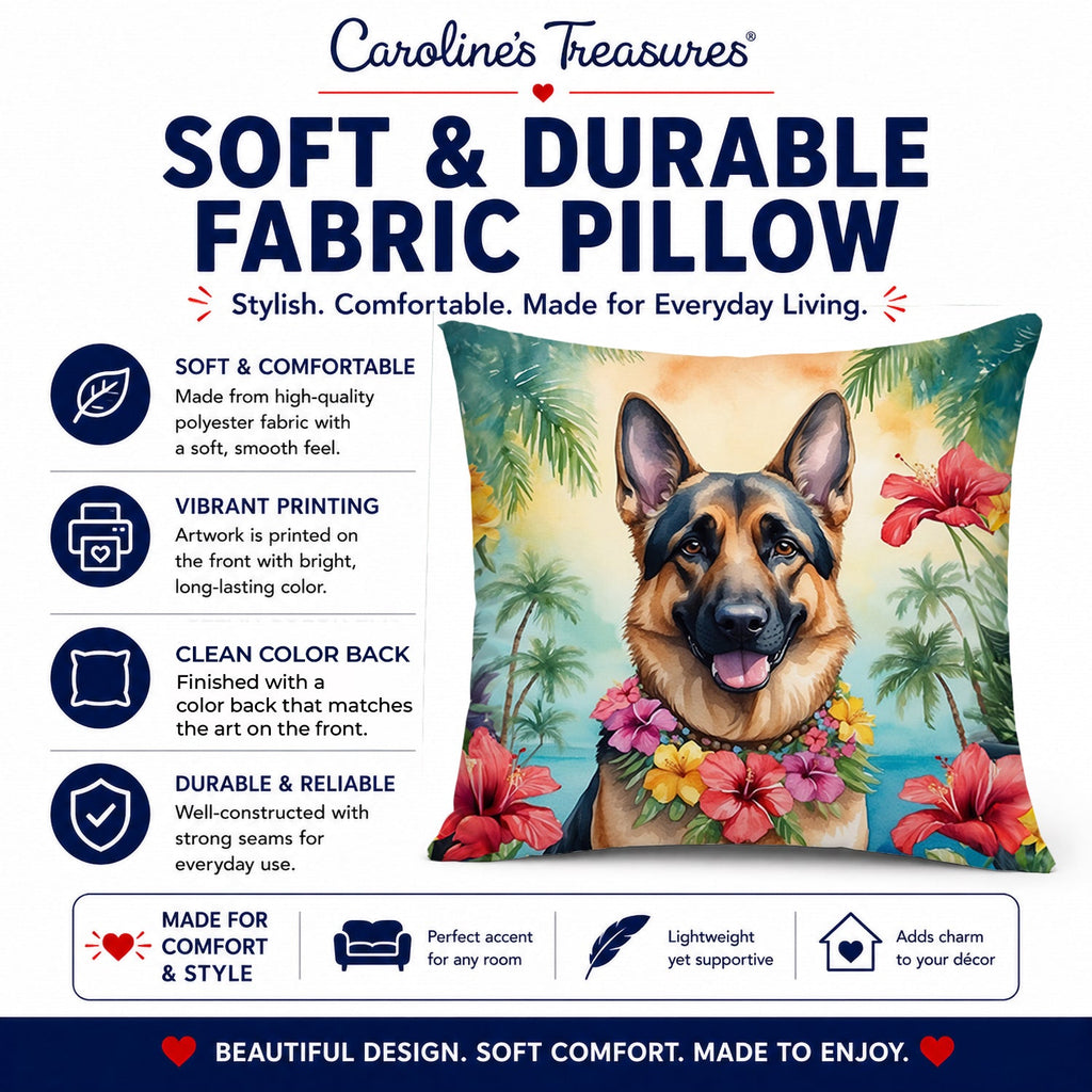 German Shepherd Luau Decorative Throw Pillow 14x14 Indoor Outdoor Accent Cushion, Fabric Cover with Insert for Sofa, Bed, Porch & Living Room
