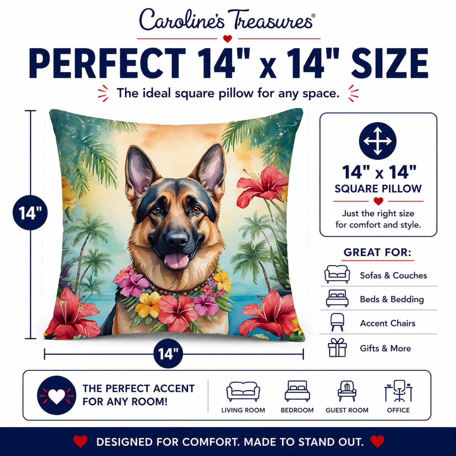 German Shepherd Luau Decorative Throw Pillow 14x14 Indoor Outdoor Accent Cushion, Fabric Cover with Insert for Sofa, Bed, Porch & Living Room