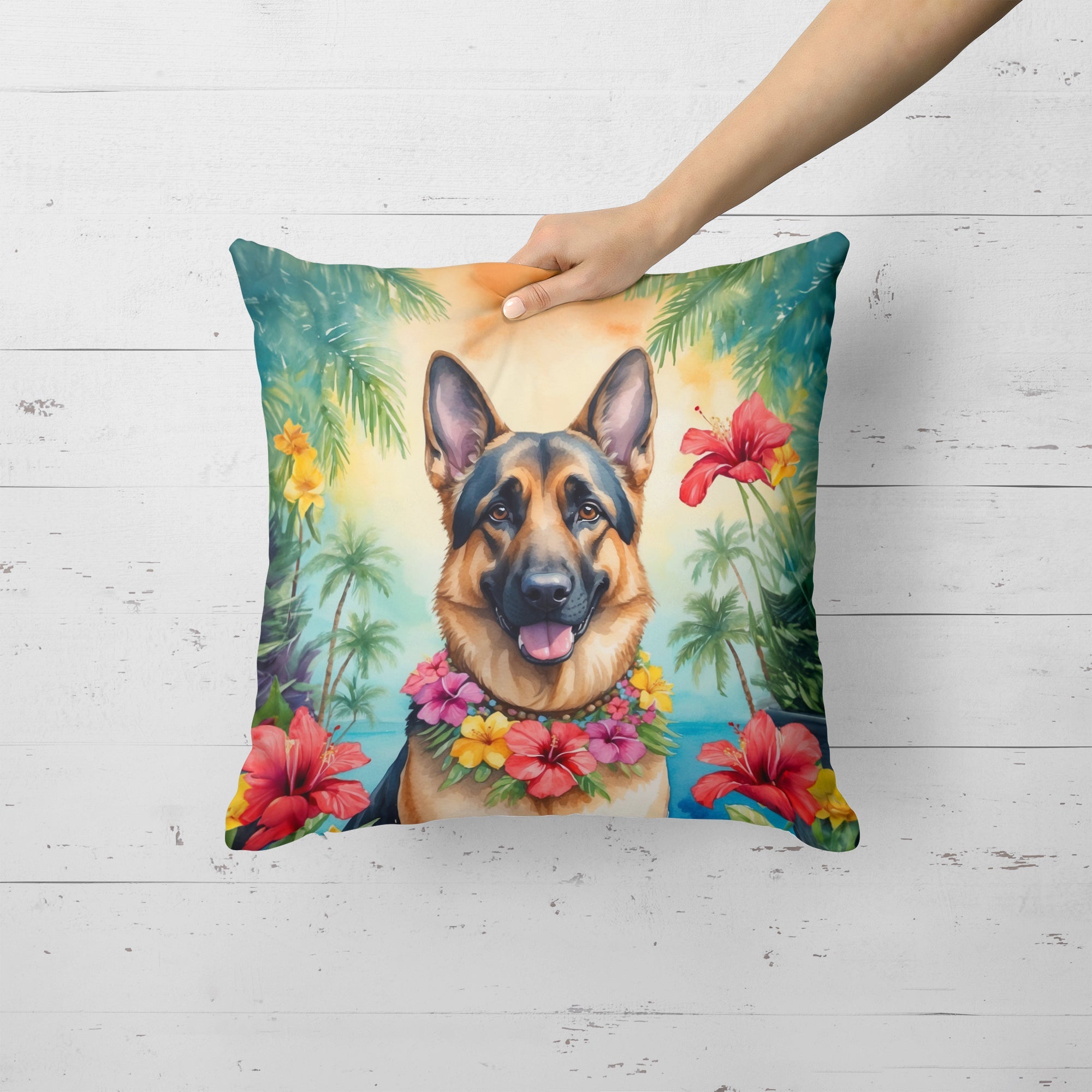 German Shepherd Luau Decorative Throw Pillow 18x18 Indoor Outdoor Accent Cushion, Fabric Cover with Insert for Sofa, Bed, Porch & Living Room