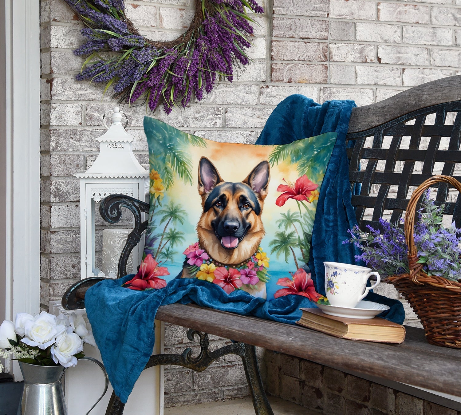 German Shepherd Luau Decorative Throw Pillow 18x18 Indoor Outdoor Accent Cushion, Fabric Cover with Insert for Sofa, Bed, Porch & Living Room