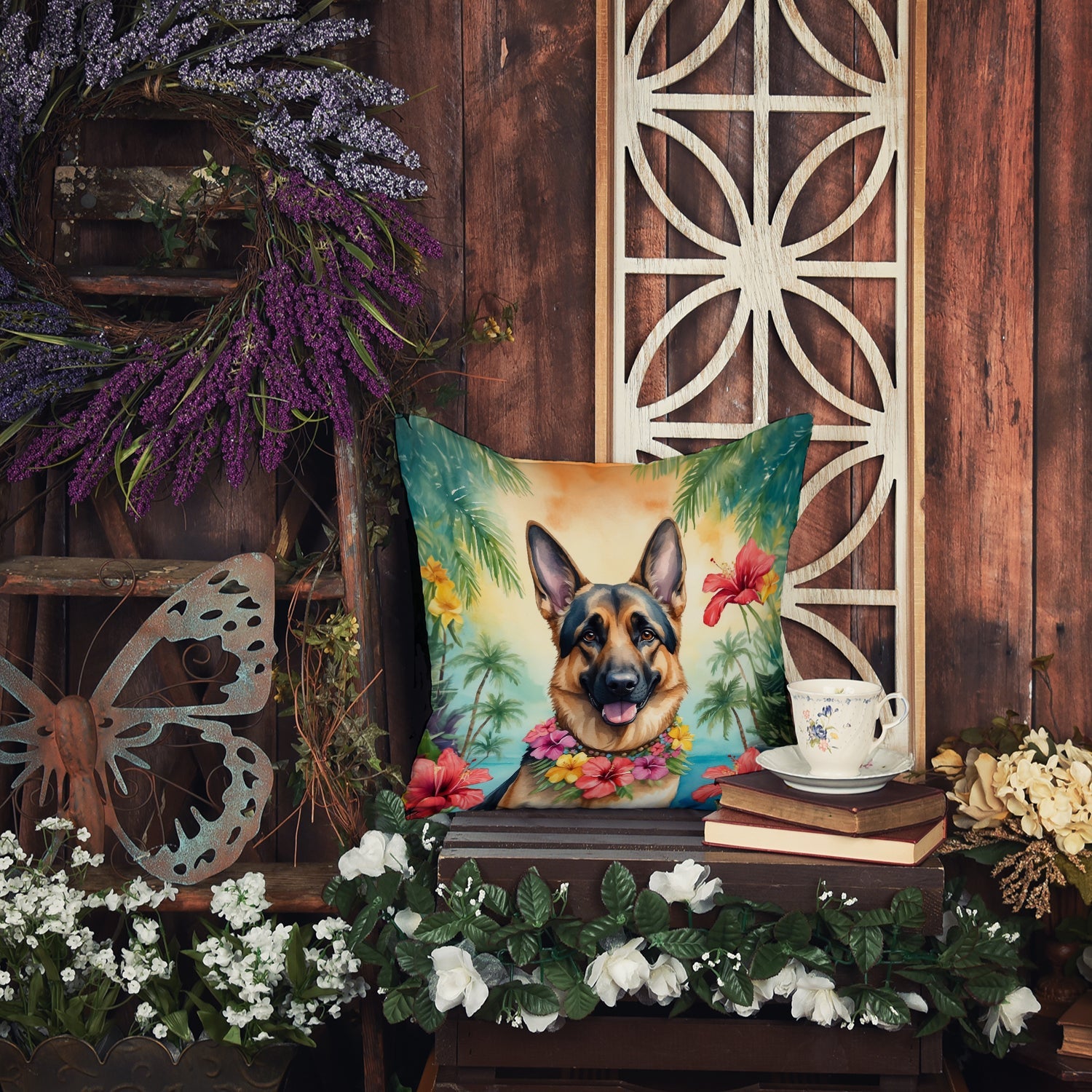 German Shepherd Luau Decorative Throw Pillow 18x18 Indoor Outdoor Accent Cushion, Fabric Cover with Insert for Sofa, Bed, Porch & Living Room