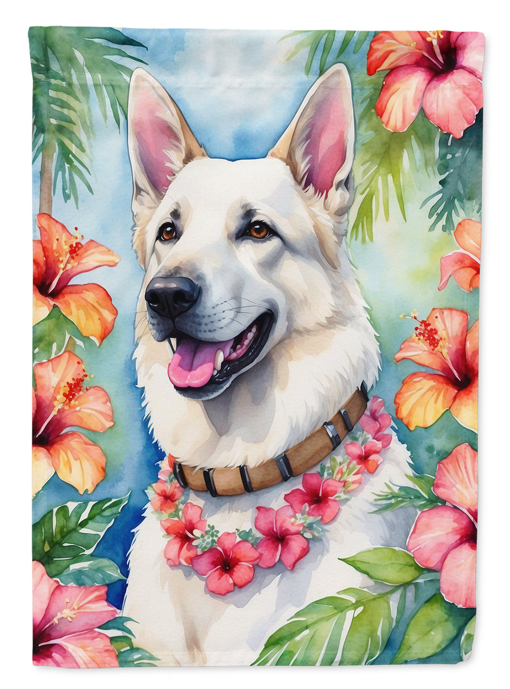 White German Shepherd Luau House Flag 28x40 Porch Sleeve Pole Decorative Outside Yard Banner Artwork Wall Hanging, Polyester