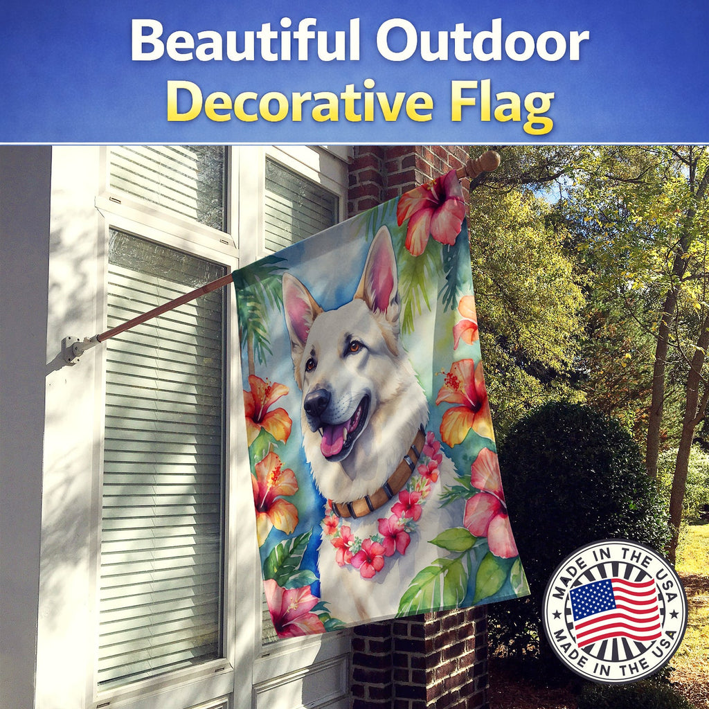 White German Shepherd Luau House Flag 28x40 Porch Sleeve Pole Decorative Outside Yard Banner Artwork Wall Hanging, Polyester