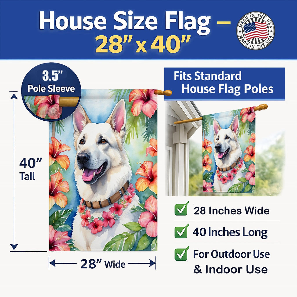 White German Shepherd Luau House Flag 28x40 Porch Sleeve Pole Decorative Outside Yard Banner Artwork Wall Hanging, Polyester