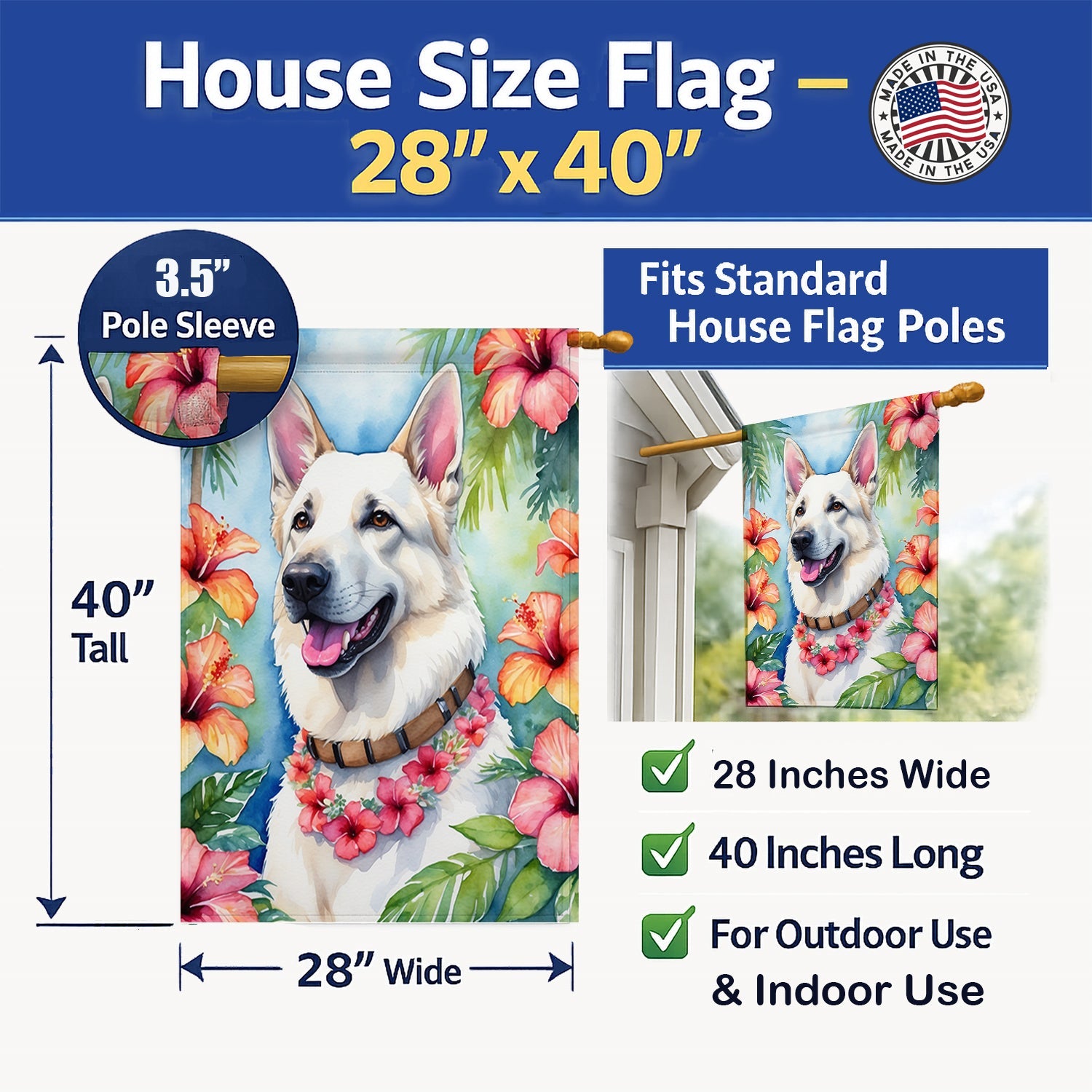 White German Shepherd Luau House Flag 28x40 Porch Sleeve Pole Decorative Outside Yard Banner Artwork Wall Hanging, Polyester