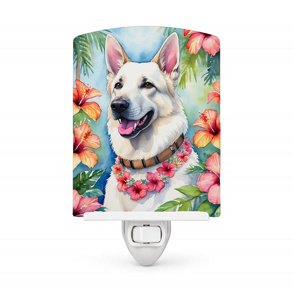 White German Shepherd Luau Ceramic Night Light Compact, UL-Certified, Ideal for Bedroom, Bathroom, Nursery, Hallway, Kitchen, 6x4x3, Multicolor