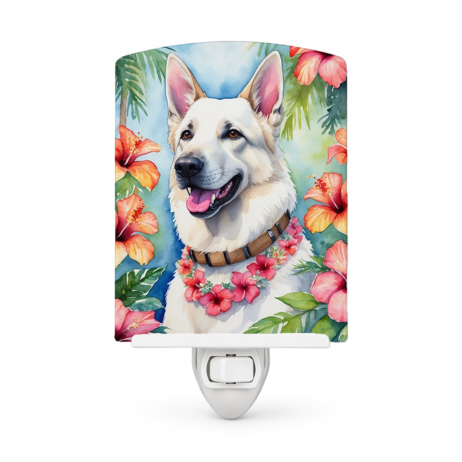 White German Shepherd Luau Ceramic Night Light Compact, UL-Certified, Ideal for Bedroom, Bathroom, Nursery, Hallway, Kitchen, 6x4x3, Multicolor