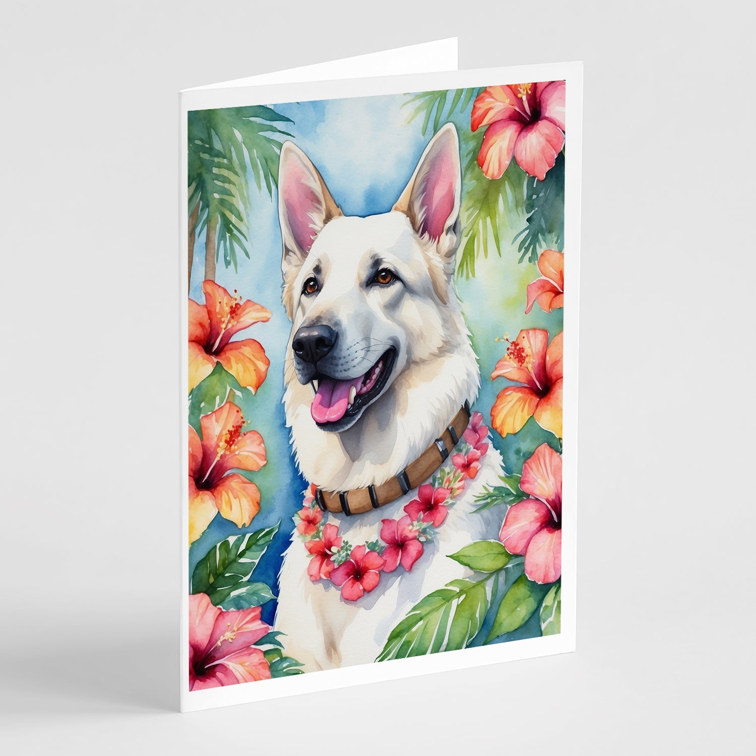 White German Shepherd Luau Greeting Cards Pack of 8 Blank Cards with Envelopes Whimsical A7 Size 5x7