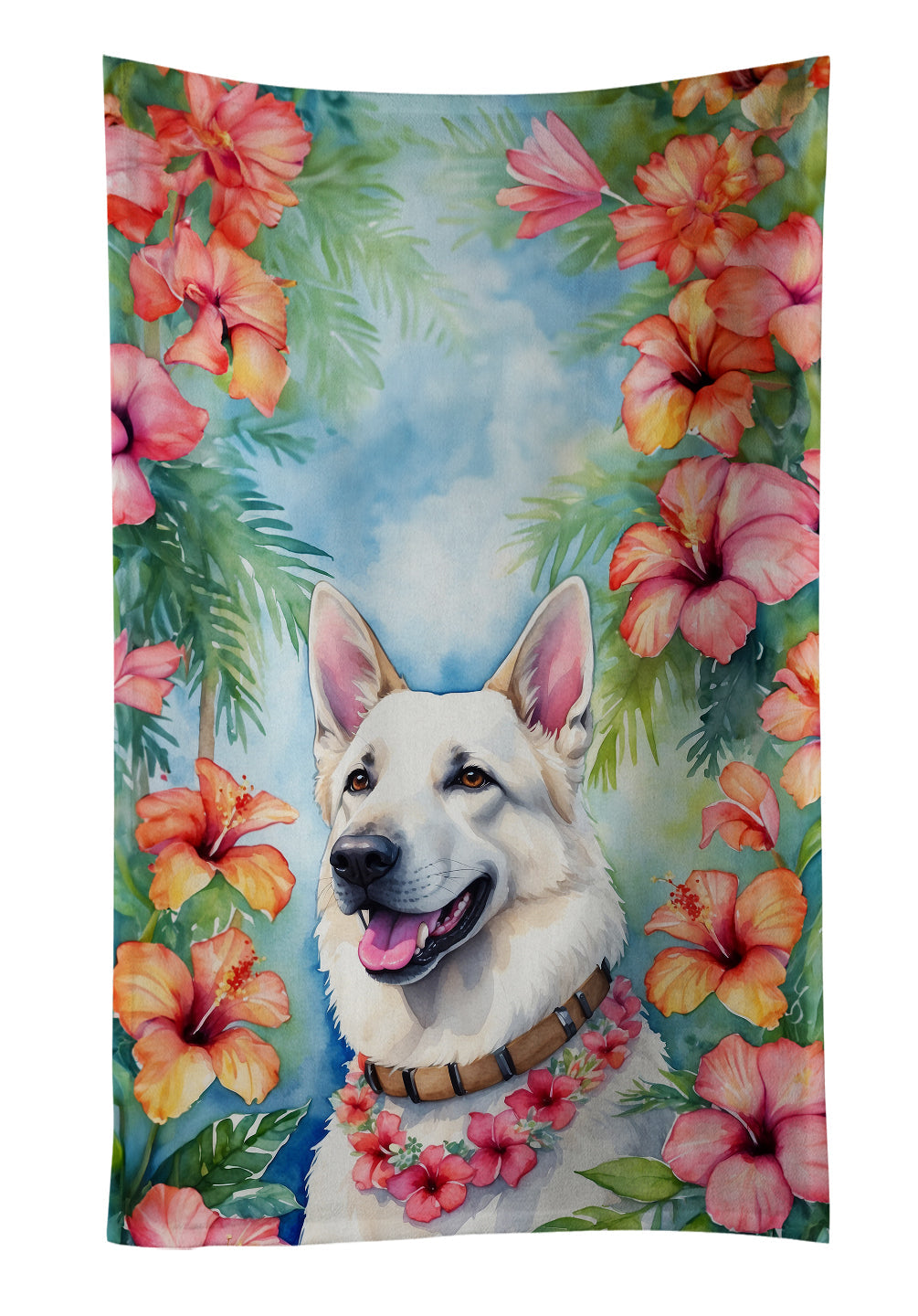 White German Shepherd Luau Kitchen Towel Velour Plush Front and Cotton Loop Back Machine Washable