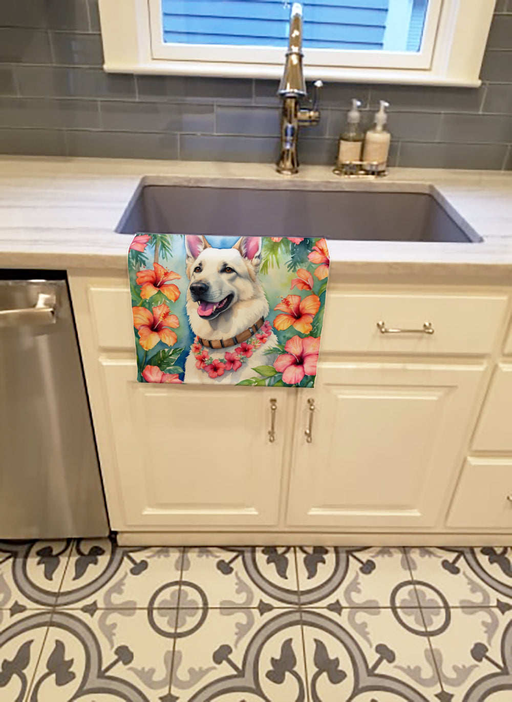 White German Shepherd Luau Kitchen Towel Velour Plush Front and Cotton Loop Back Machine Washable