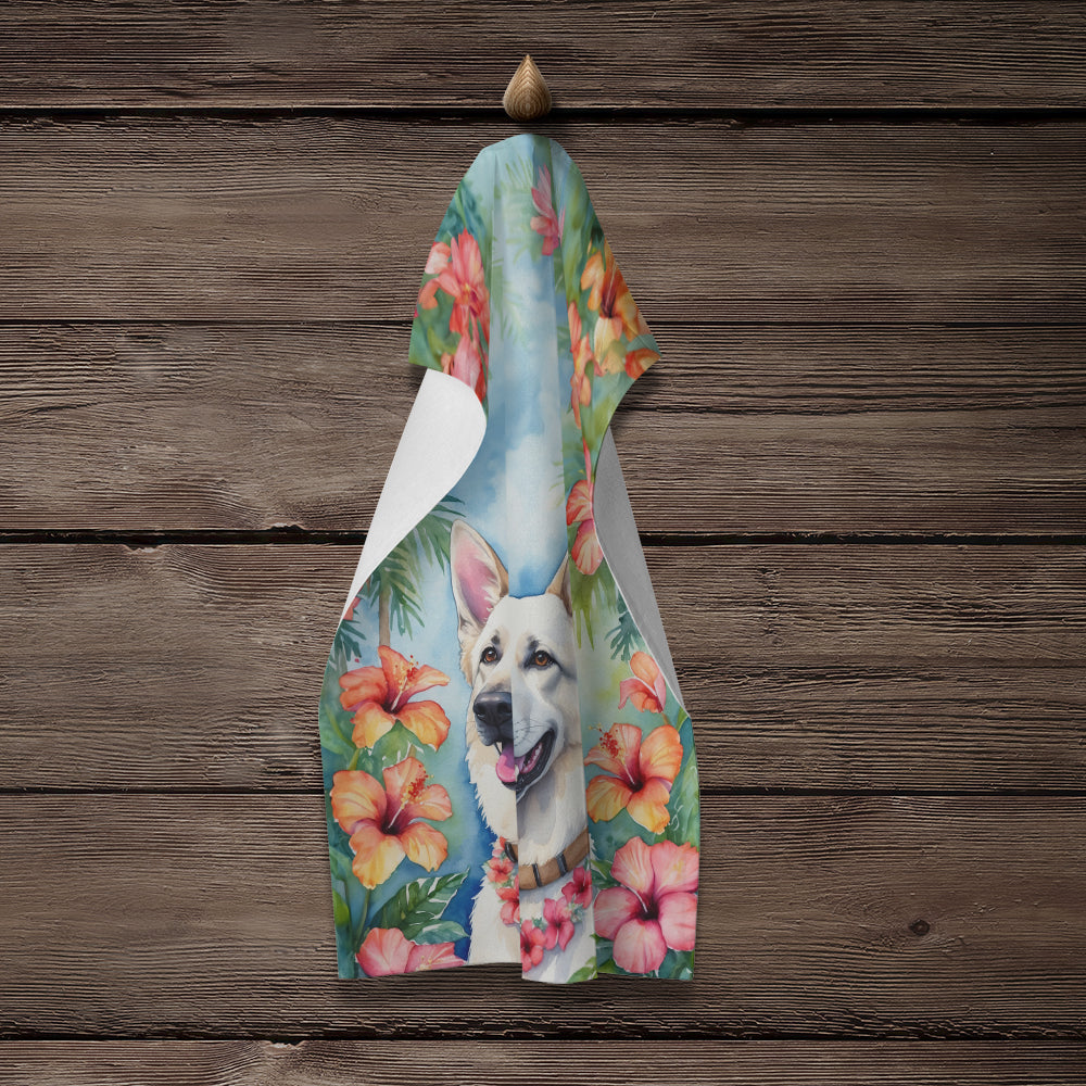 White German Shepherd Luau Kitchen Towel Velour Plush Front and Cotton Loop Back Machine Washable
