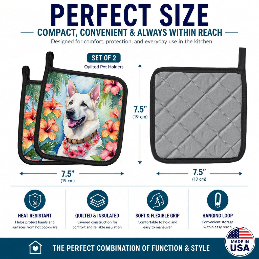 White German Shepherd Luau Pot Holder Set of 2 Heat Resistant Quilted Hot Pads 7.5 x 7.5 Inch, Insulated Kitchen Trivets for Cooking & Baking