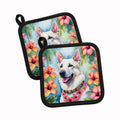 White German Shepherd Luau Pot Holder Set of 2 Heat Resistant Quilted Hot Pads 7.5 x 7.5 Inch, Insulated Kitchen Trivets for Cooking & Baking