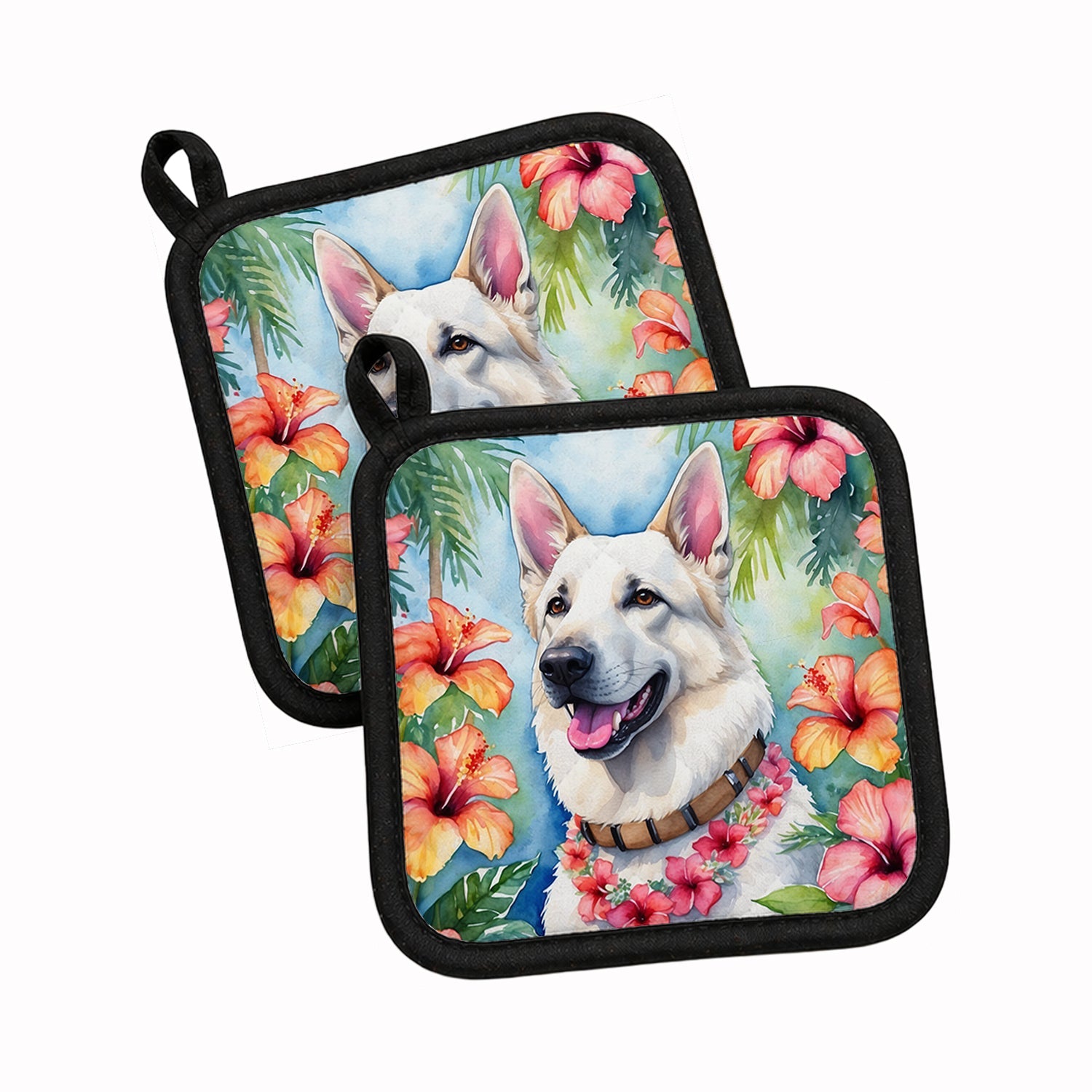 White German Shepherd Luau Pot Holder Set of 2 Heat Resistant Quilted Hot Pads 7.5 x 7.5 Inch, Insulated Kitchen Trivets for Cooking & Baking