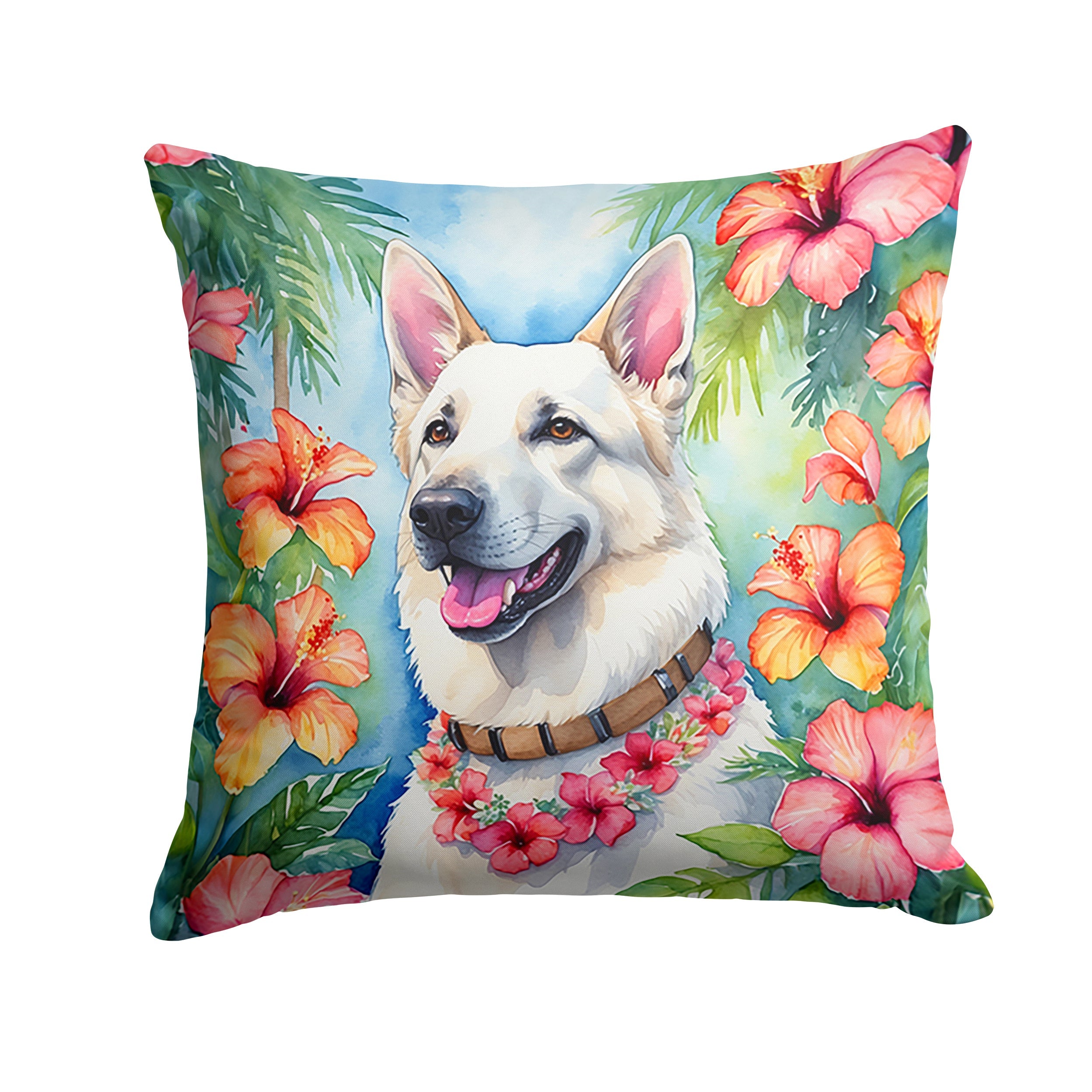 White German Shepherd Luau Decorative Throw Pillow 14x14 Indoor Outdoor Accent Cushion, Fabric Cover with Insert for Sofa, Bed, Porch & Living Room