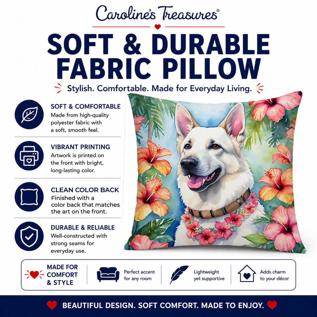 White German Shepherd Luau Decorative Throw Pillow 14x14 Indoor Outdoor Accent Cushion, Fabric Cover with Insert for Sofa, Bed, Porch & Living Room