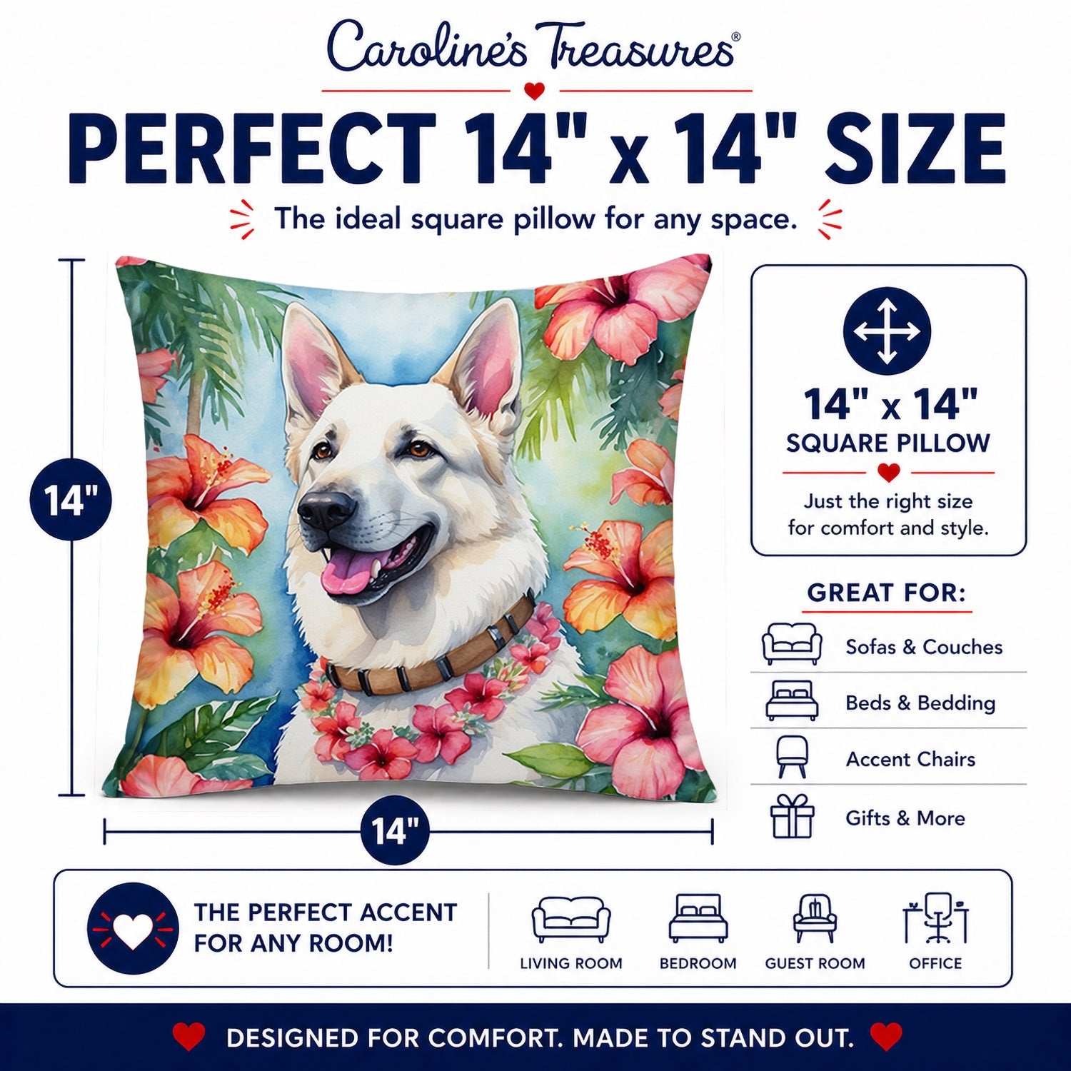 White German Shepherd Luau Decorative Throw Pillow 14x14 Indoor Outdoor Accent Cushion, Fabric Cover with Insert for Sofa, Bed, Porch & Living Room