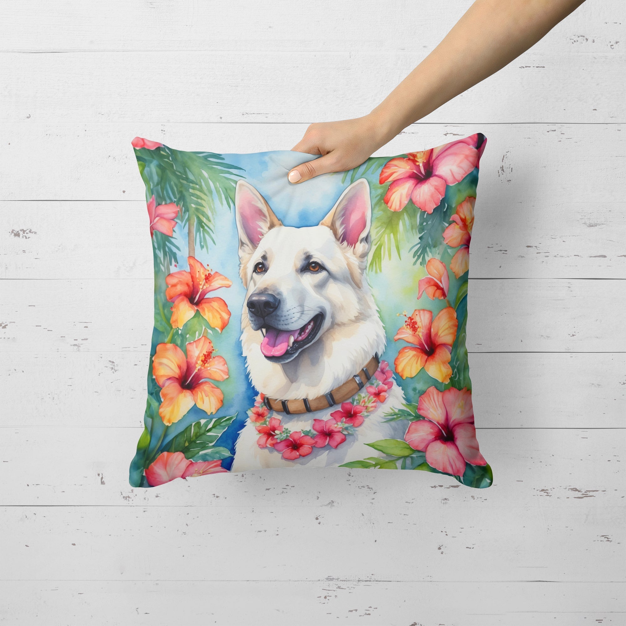 White German Shepherd Luau Decorative Throw Pillow 18x18 Indoor Outdoor Accent Cushion, Fabric Cover with Insert for Sofa, Bed, Porch & Living Room