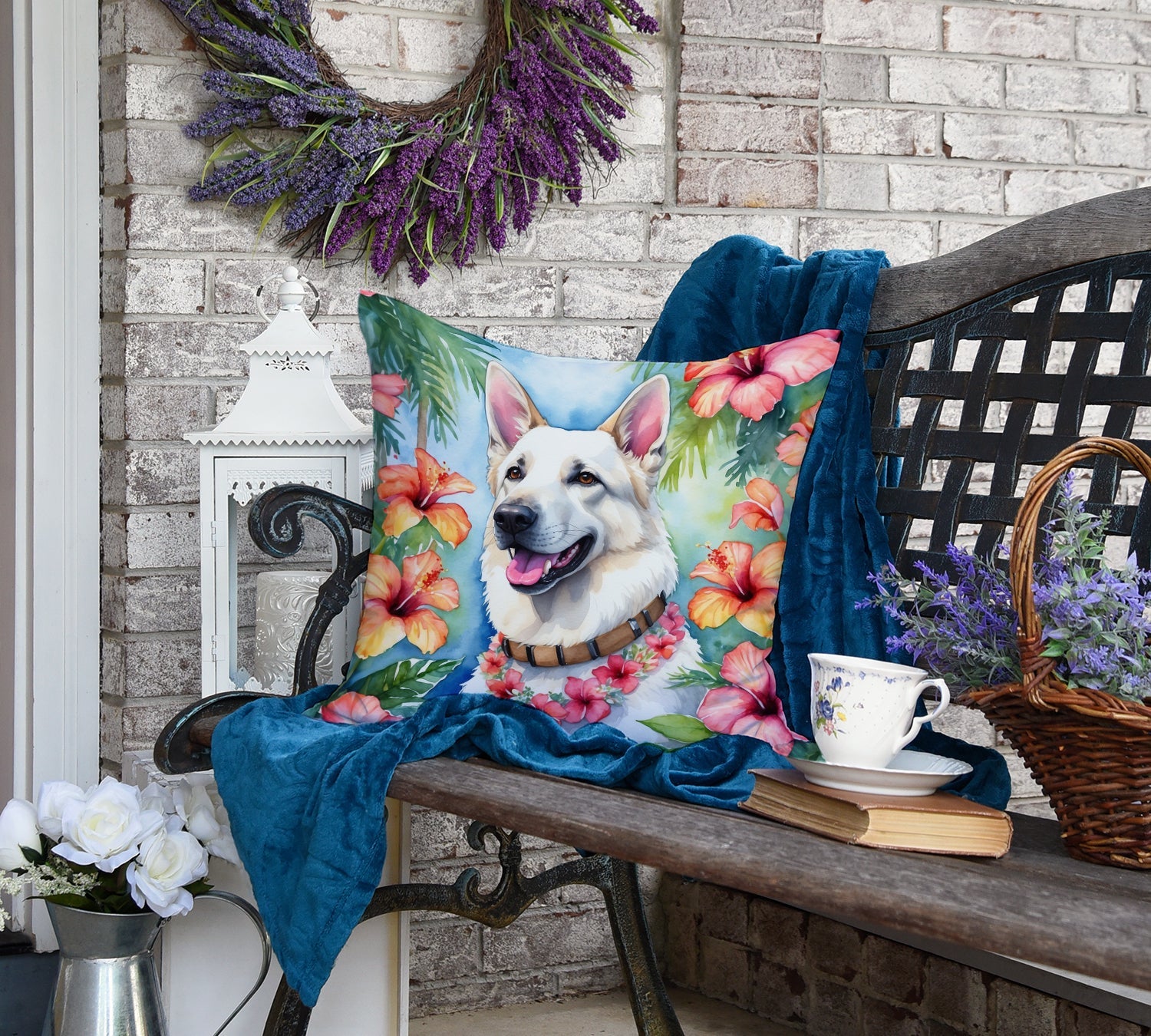 White German Shepherd Luau Decorative Throw Pillow 18x18 Indoor Outdoor Accent Cushion, Fabric Cover with Insert for Sofa, Bed, Porch & Living Room