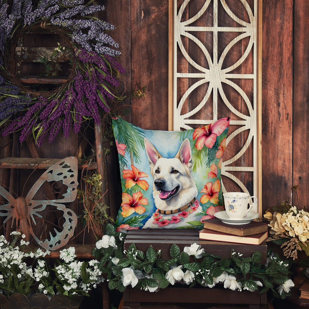 White German Shepherd Luau Decorative Throw Pillow 18x18 Indoor Outdoor Accent Cushion, Fabric Cover with Insert for Sofa, Bed, Porch & Living Room