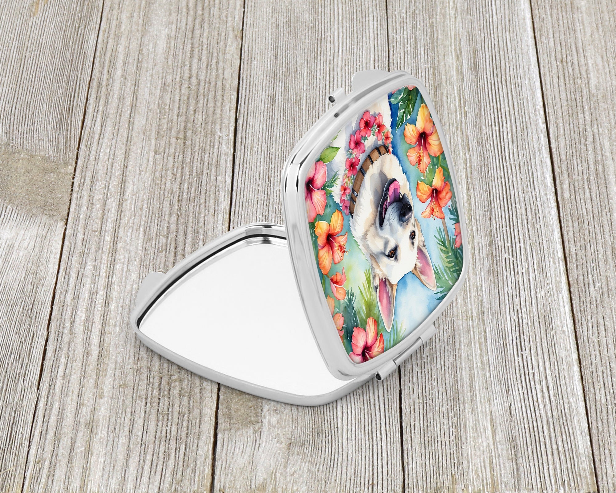 White German Shepherd Luau Compact Mirror Decorative Travel Makeup Mirror for Women Girls Gifts Pocket Makeup Mirror Folding Handheld