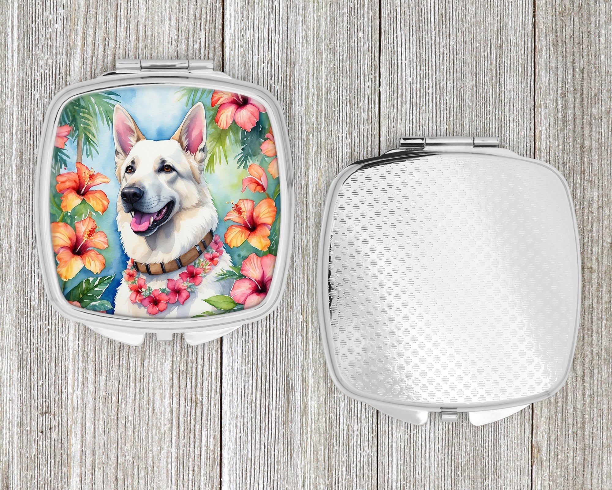 White German Shepherd Luau Compact Mirror Decorative Travel Makeup Mirror for Women Girls Gifts Pocket Makeup Mirror Folding Handheld