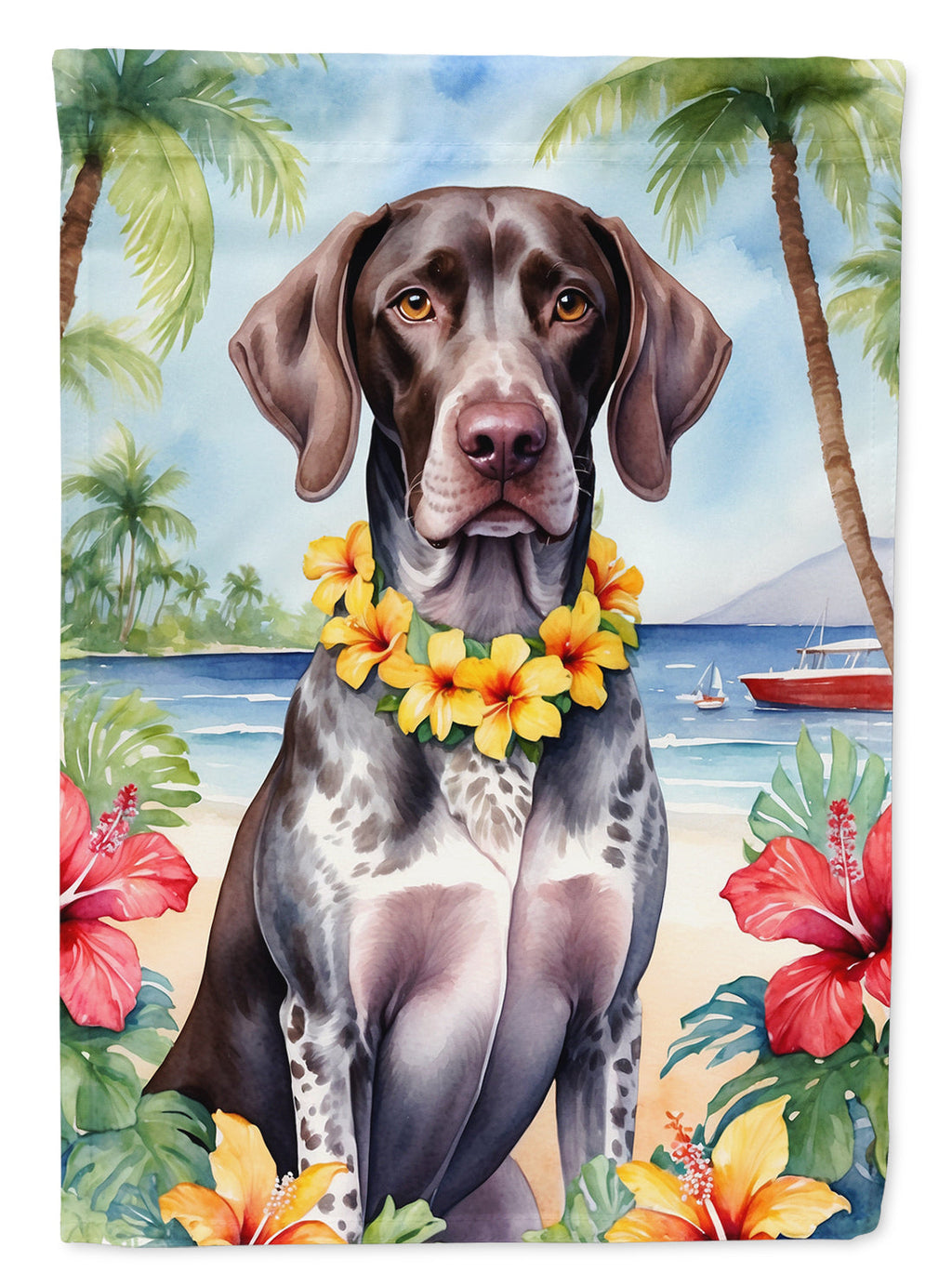 German Shorthaired Pointer Luau House Flag 28x40 Porch Sleeve Pole Decorative Outside Yard Banner Artwork Wall Hanging, Polyester