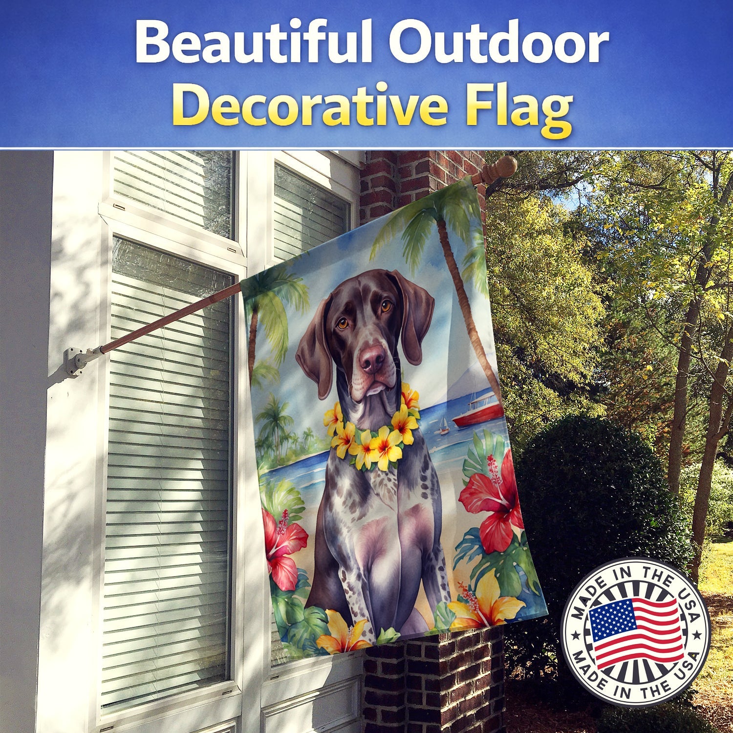 German Shorthaired Pointer Luau House Flag 28x40 Porch Sleeve Pole Decorative Outside Yard Banner Artwork Wall Hanging, Polyester