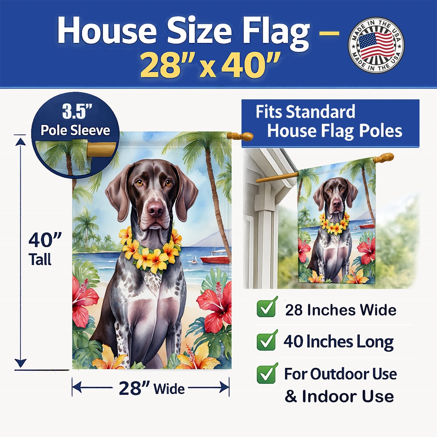 German Shorthaired Pointer Luau House Flag 28x40 Porch Sleeve Pole Decorative Outside Yard Banner Artwork Wall Hanging, Polyester