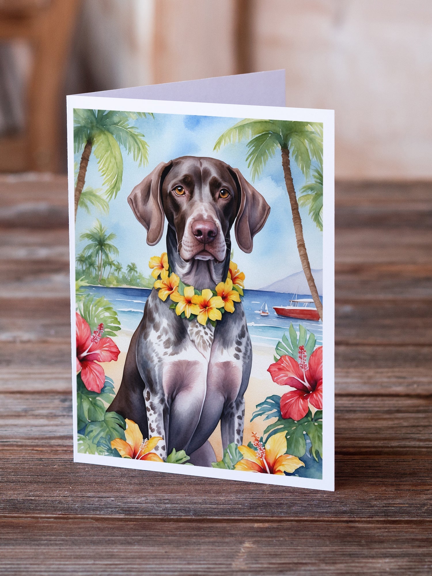 German Shorthaired Pointer Luau Greeting Cards Pack of 8 Blank Cards with Envelopes Whimsical A7 Size 5x7