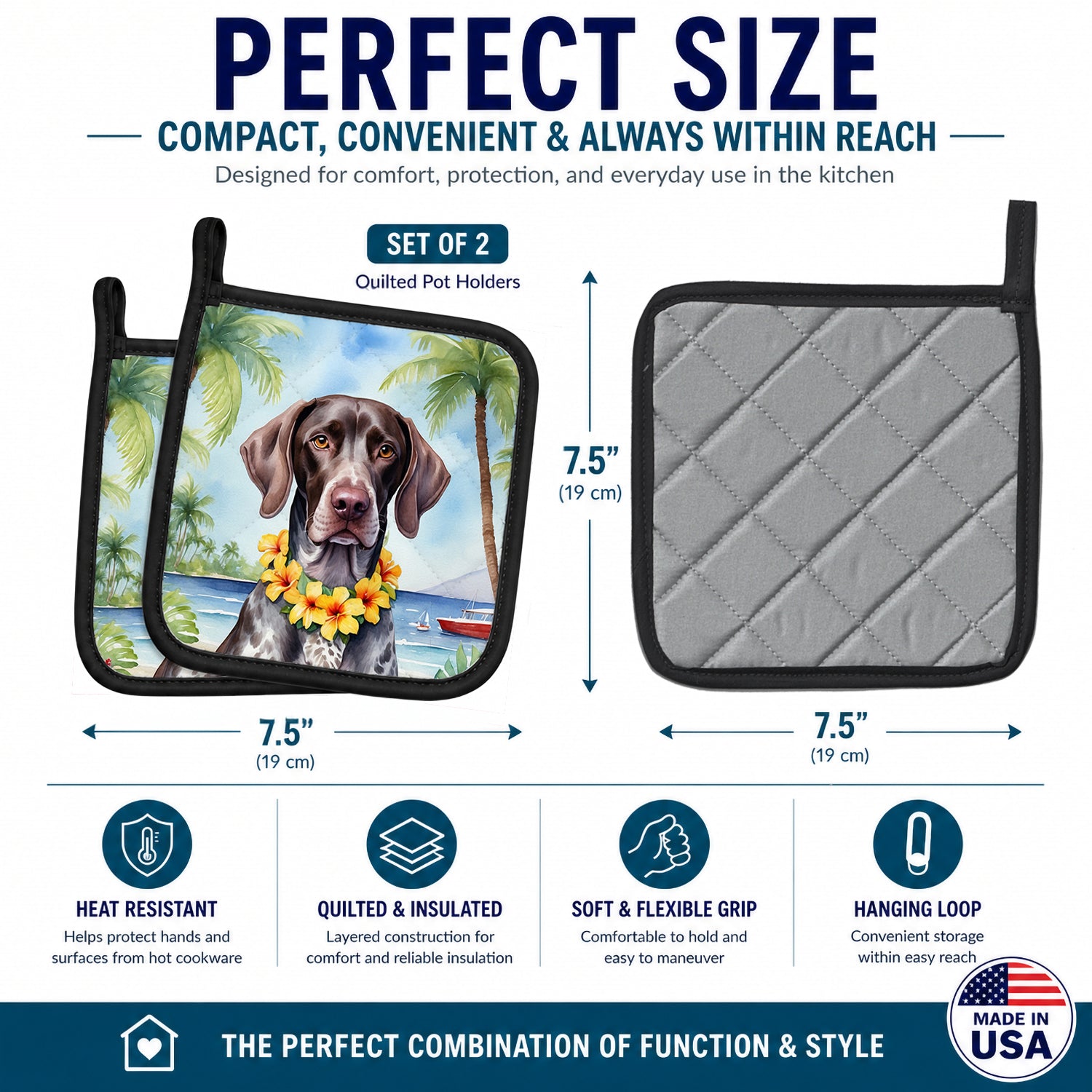 German Shorthaired Pointer Luau Pot Holder Set of 2 Heat Resistant Quilted Hot Pads 7.5 x 7.5 Inch, Insulated Kitchen Trivets for Cooking & Baking