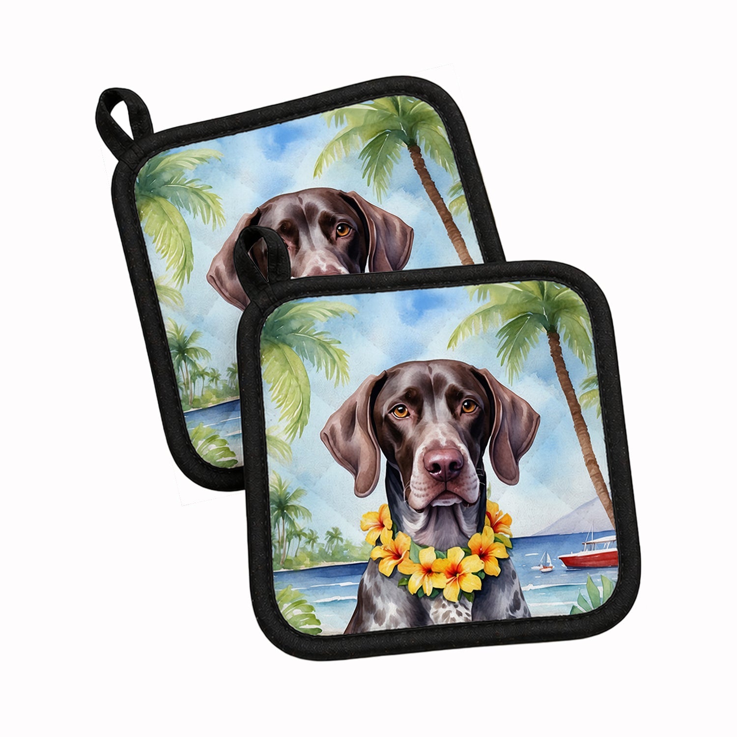 German Shorthaired Pointer Luau Pot Holder Set of 2 Heat Resistant Quilted Hot Pads 7.5 x 7.5 Inch, Insulated Kitchen Trivets for Cooking & Baking