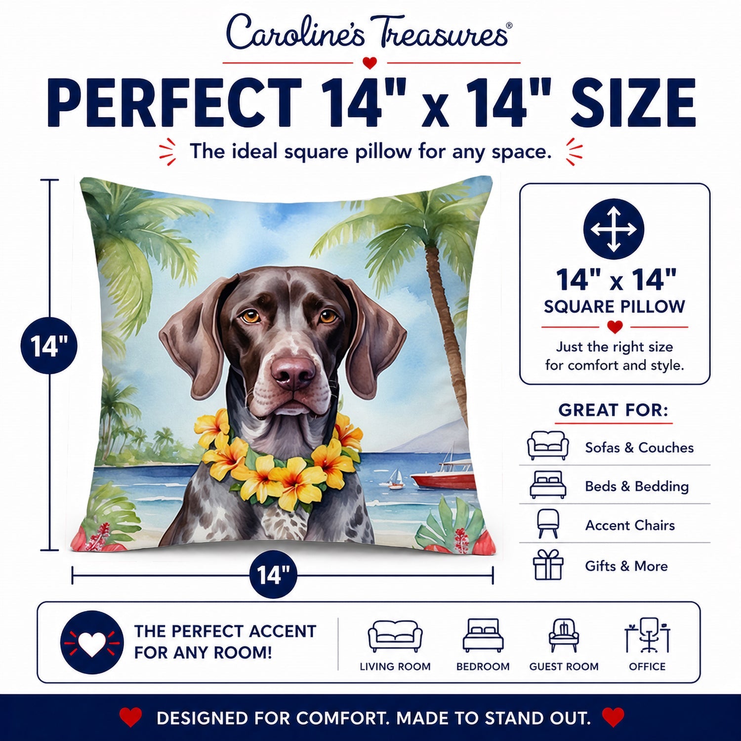 German Shorthaired Pointer Luau Decorative Throw Pillow 14x14 Indoor Outdoor Accent Cushion, Fabric Cover with Insert for Sofa, Bed, Porch & Living Room