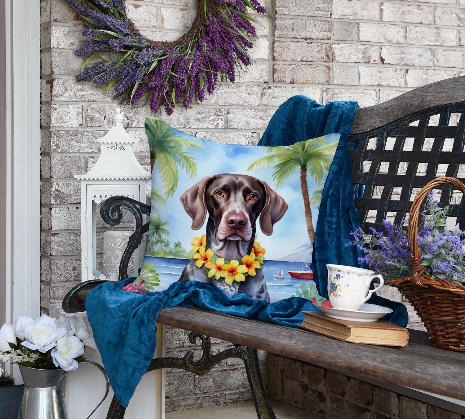 German Shorthaired Pointer Luau Decorative Throw Pillow 18x18 Indoor Outdoor Accent Cushion, Fabric Cover with Insert for Sofa, Bed, Porch & Living Room