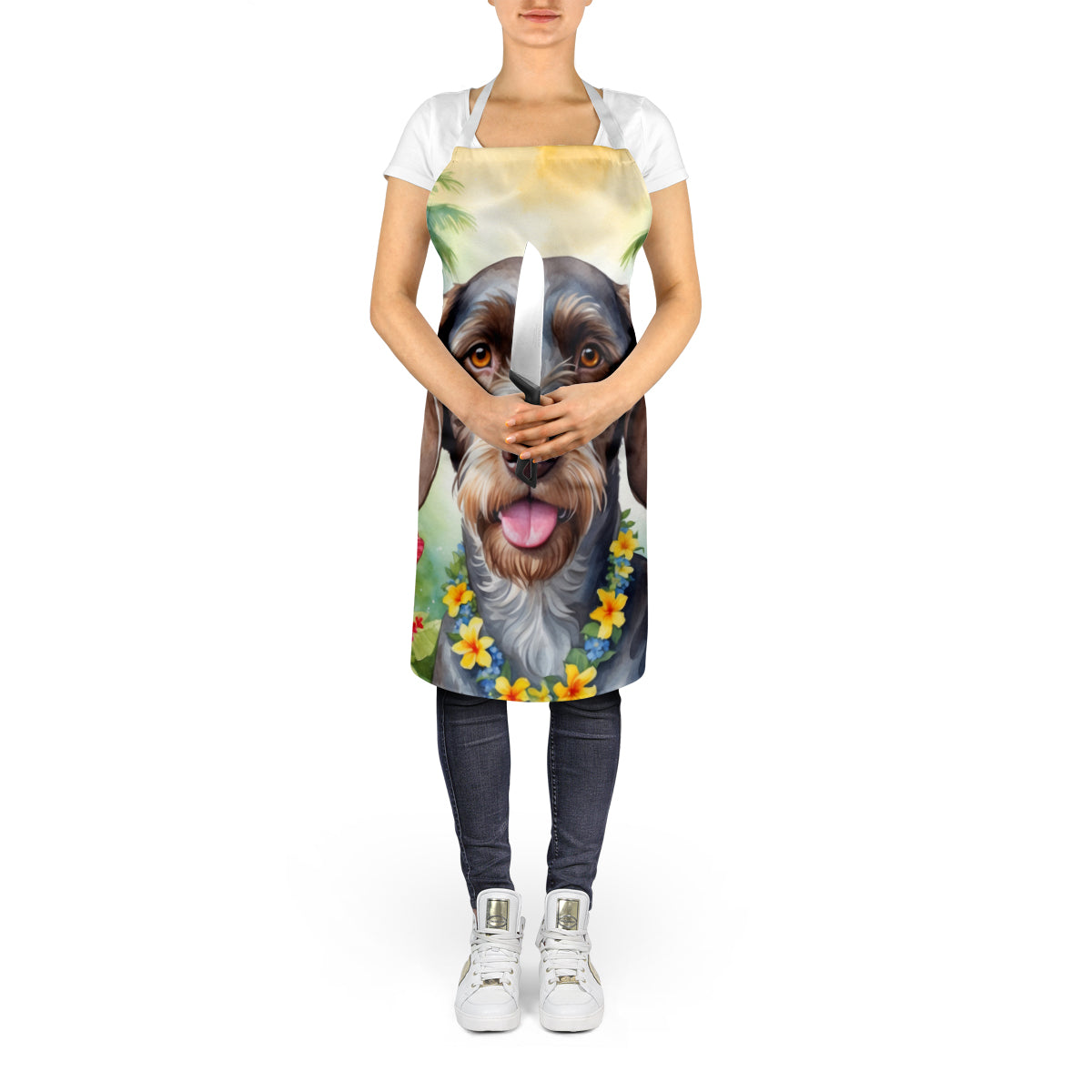 German Wirehaired Pointer Luau Apron Cooking Kitchen Server Baking Crafts Gardening for Adult Women Men, Unisex, Large, Multicolor