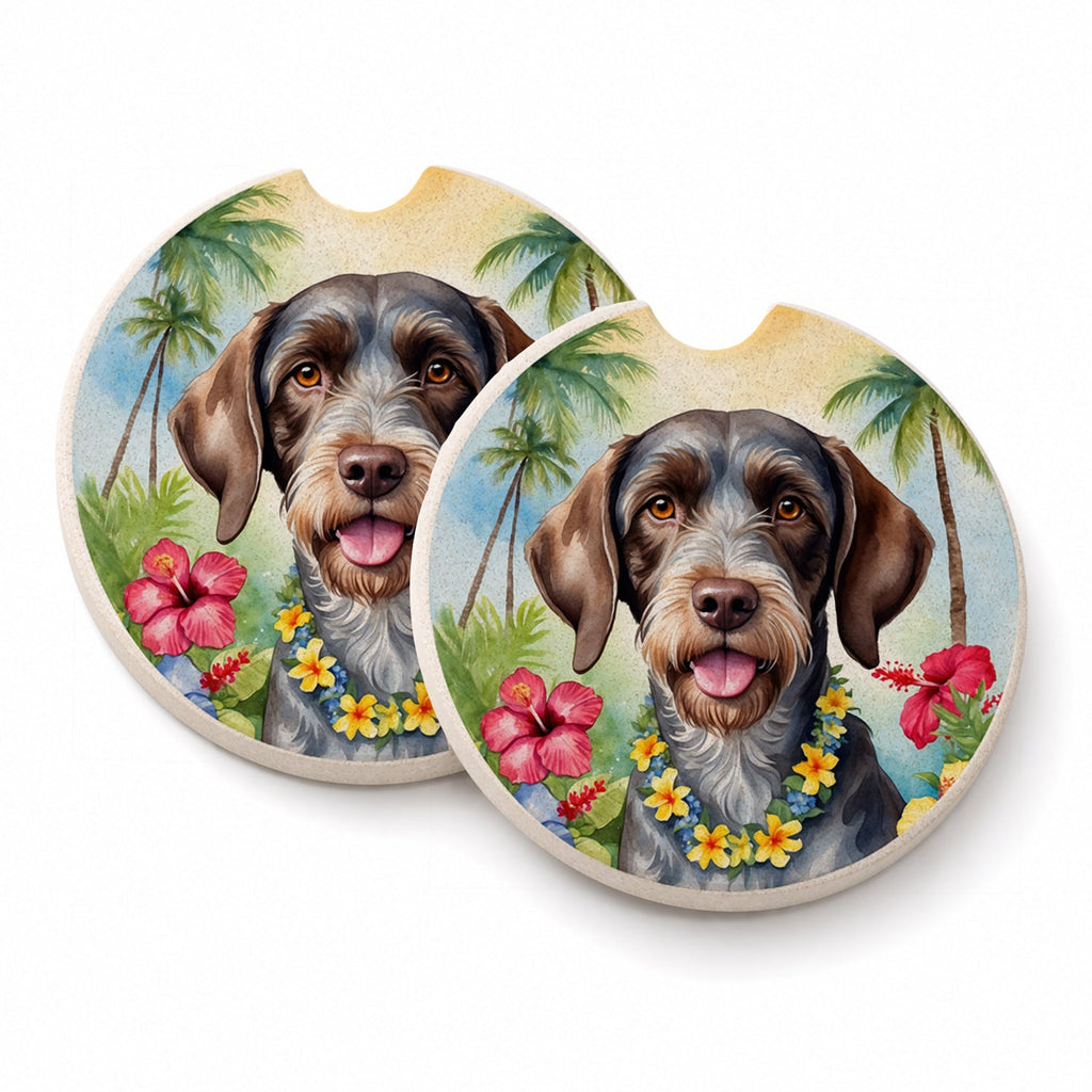 German Wirehaired Pointer Luau Set of 2 Cup Holder Car Coasters Absorbent Round Sandstone Coasters Gifts for Men or Women, 2.5, Multicolor