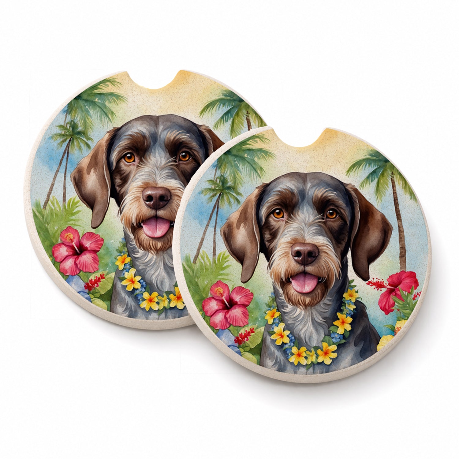 German Wirehaired Pointer Luau Set of 2 Cup Holder Car Coasters Absorbent Round Sandstone Coasters Gifts for Men or Women, 2.5, Multicolor