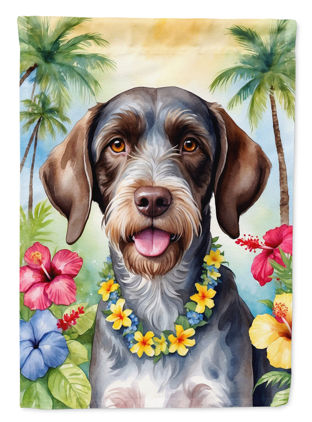 German Wirehaired Pointer Luau House Flag 28x40 Porch Sleeve Pole Decorative Outside Yard Banner Artwork Wall Hanging, Polyester