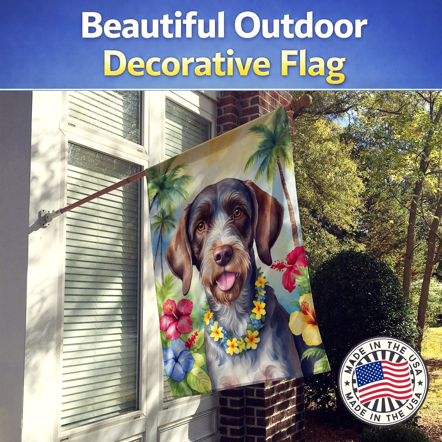 German Wirehaired Pointer Luau House Flag 28x40 Porch Sleeve Pole Decorative Outside Yard Banner Artwork Wall Hanging, Polyester